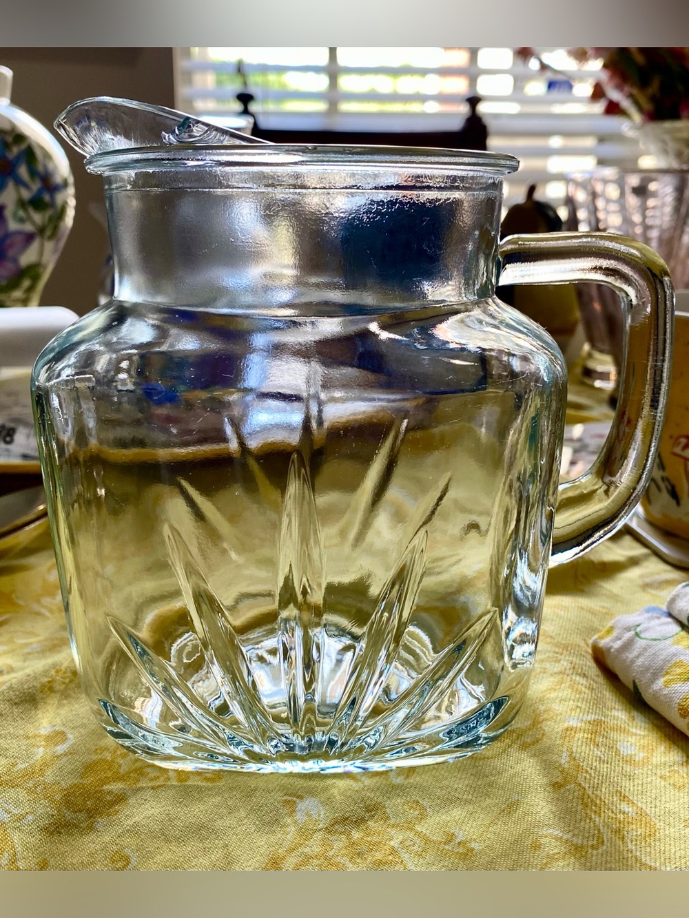 1950s Federal Pressed Glass Juice Pitcher. Clear w/7 raised leaves on 2 sides.